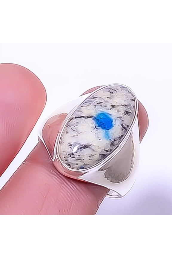K2 Blue - Azurite In Quartz 925 Sterling Silver Solitaire Ring s.9 R-33, Christmas Gift, Gemstone Silver Jewelry, Azurite Ring, New Year Sale