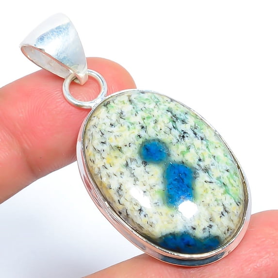 K2 Blue - Azurite In Quartz Gemstone 925 Sterling Silver Pendant 2.07" T1, Christmas Gift, Gemstone Silver Jewelry, Azurite Pendant, New Year Sale