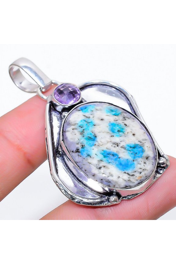 Natural K2 Blue Azurite, Kunzite Gemstone 925 Sterling Silver Pendant 2.01"