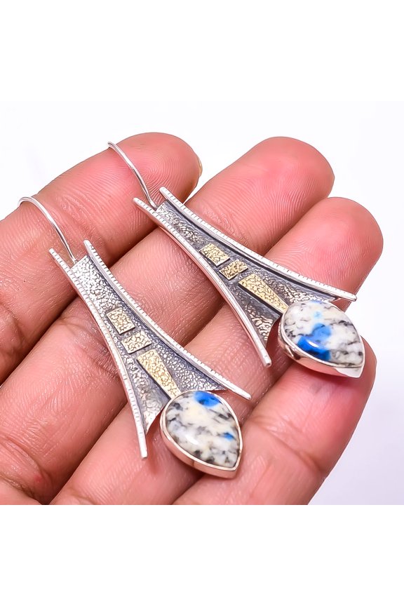 K2 Blue Azurite - Pakistan Oxidised Designer Handmade 925 Sterling Silver Earring 2.34", Beautiful Jewelry For Woman, New Year Sale, Valentin's Day Gi
