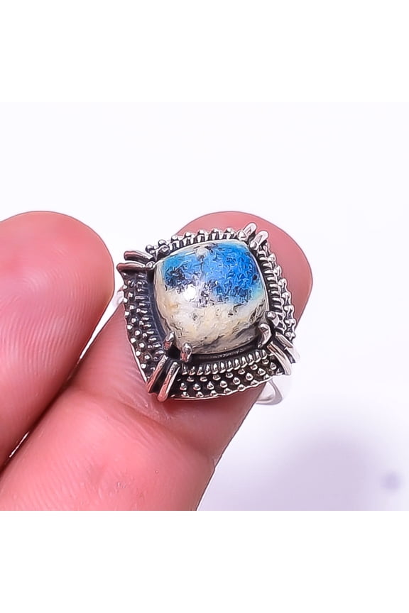 K2 Blue Azurite -Pakistan Solitaire Gemstone Handmade 925 Silver Plated Ring s.7.5, Gray & Blue K2 Blue Azurite Ring R_8037_302_29