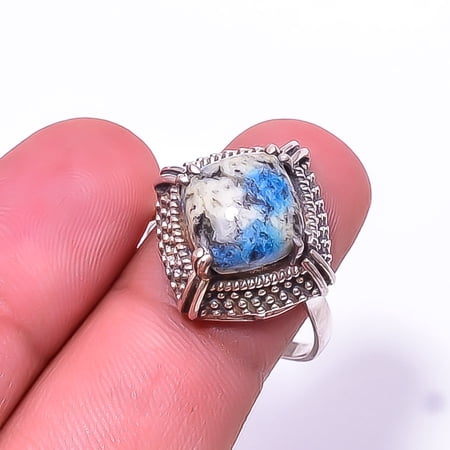 K2 Blue Azurite -Pakistan Solitaire Gemstone Handmade 925 Sterling Silver Ring s.9, Gray & Blue K2 Blue Azurite Ring R_8037_302_16