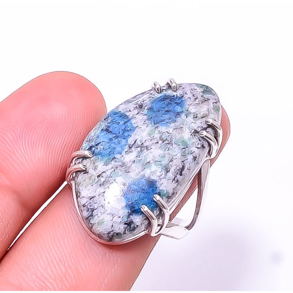 K2 Blue Azurite -Pakistan Solitaire Gemstone Handmade 925 Sterling Silver Ring s.9, Grey & Blue K2 Blue Azurite Ring R_8024_295_16