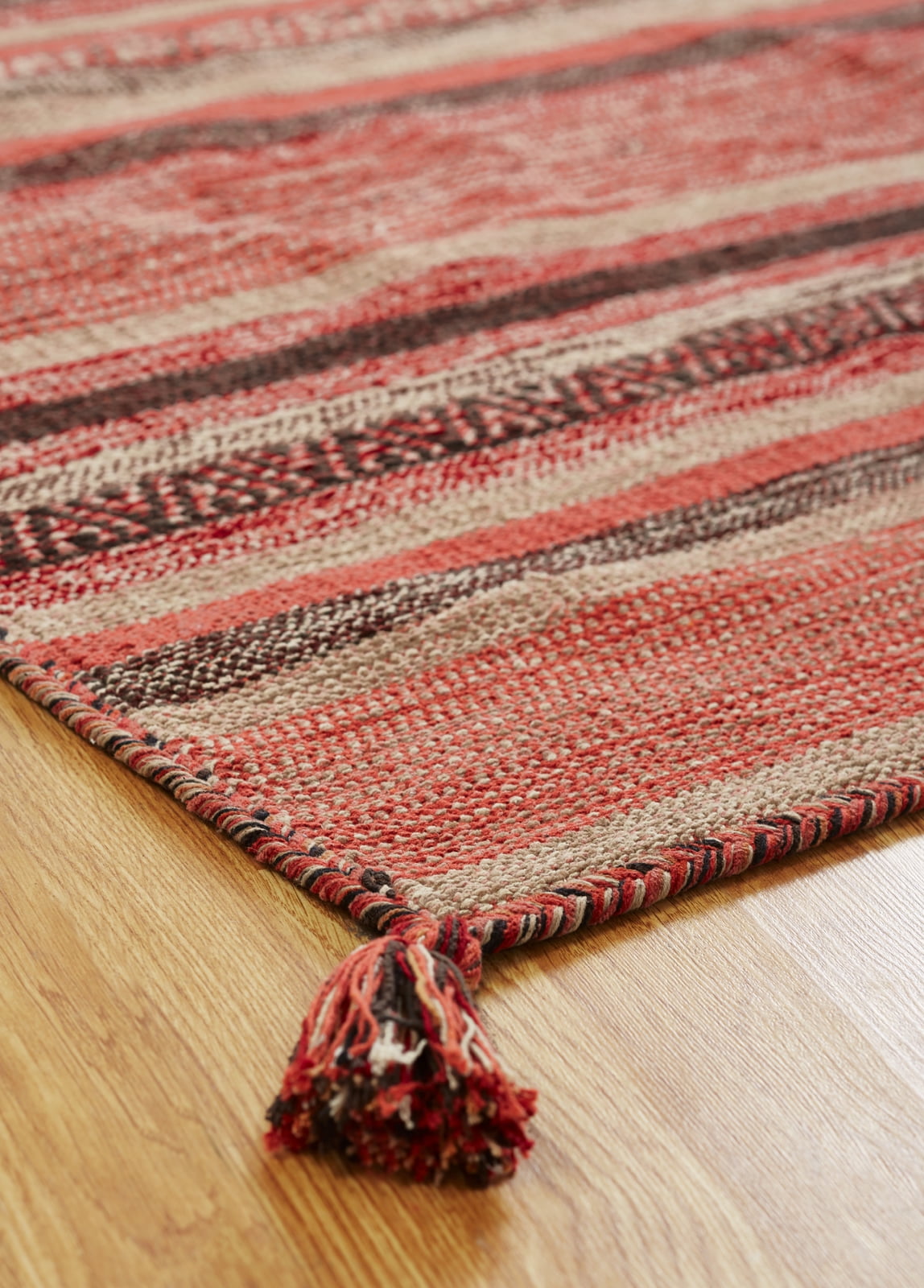 Handmade Red and Beige Chenille Striped Area Rug