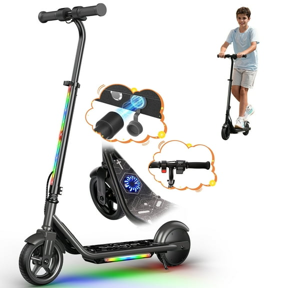 R2 Pro 150W Electric Scooter for Kid Age 5-12, 3 Speed Gears Max 10Mph, Magnetic Charging, Adjustable Height, 3 Color Pedal Lights, Black