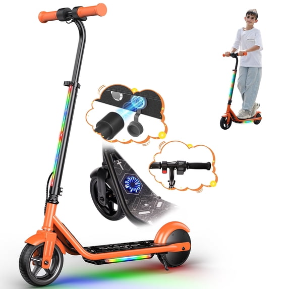 R2 Pro 150W Electric Scooter for Kid Age 5-12, 3 Speed Gears Max 10Mph, Magnetic Charging, Adjustable Height, 3 Color Pedal Lights, Orange