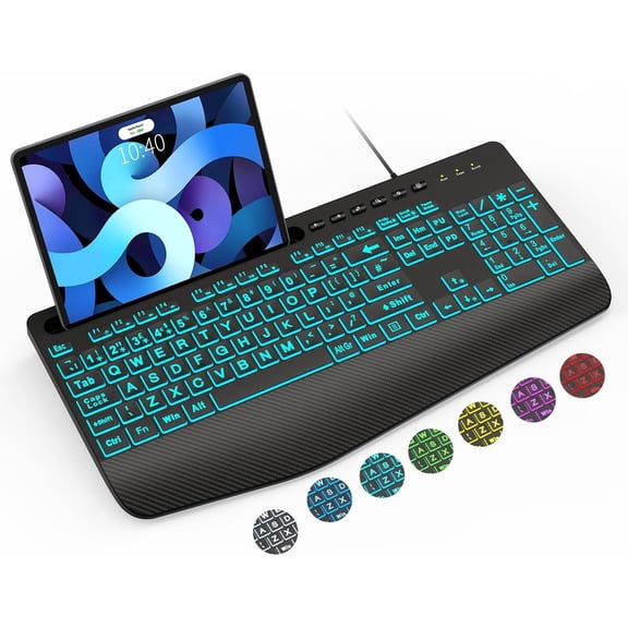 K21 Pro Large Print Backlit Keyboard, Wired USB Computer Keyboards with 7-Colors Backlight, Wrist Rest, Phone Holder, Oversized Letter Keys Easy to See and Type for Laptop, PC, Windows, Black