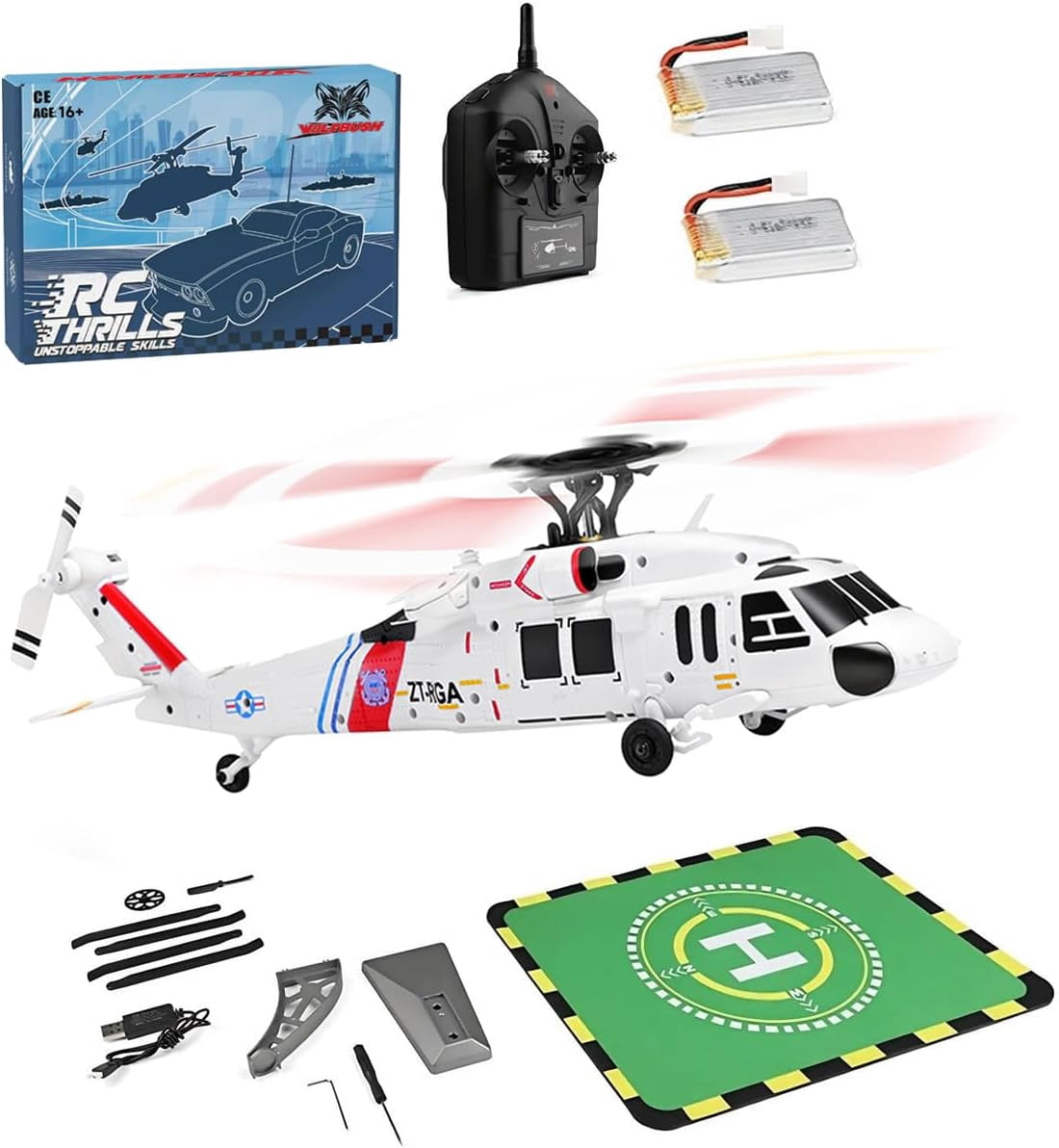K270 UH-60L 4-Rotor Flybarless RC Helicopter with Brushless Motor & Helipad, 1/10 Scale 2.4G 4CH RC Military Helicopter with Altitude Hold & Optical Flow, RTF Helicopter Model for Teens and Adults