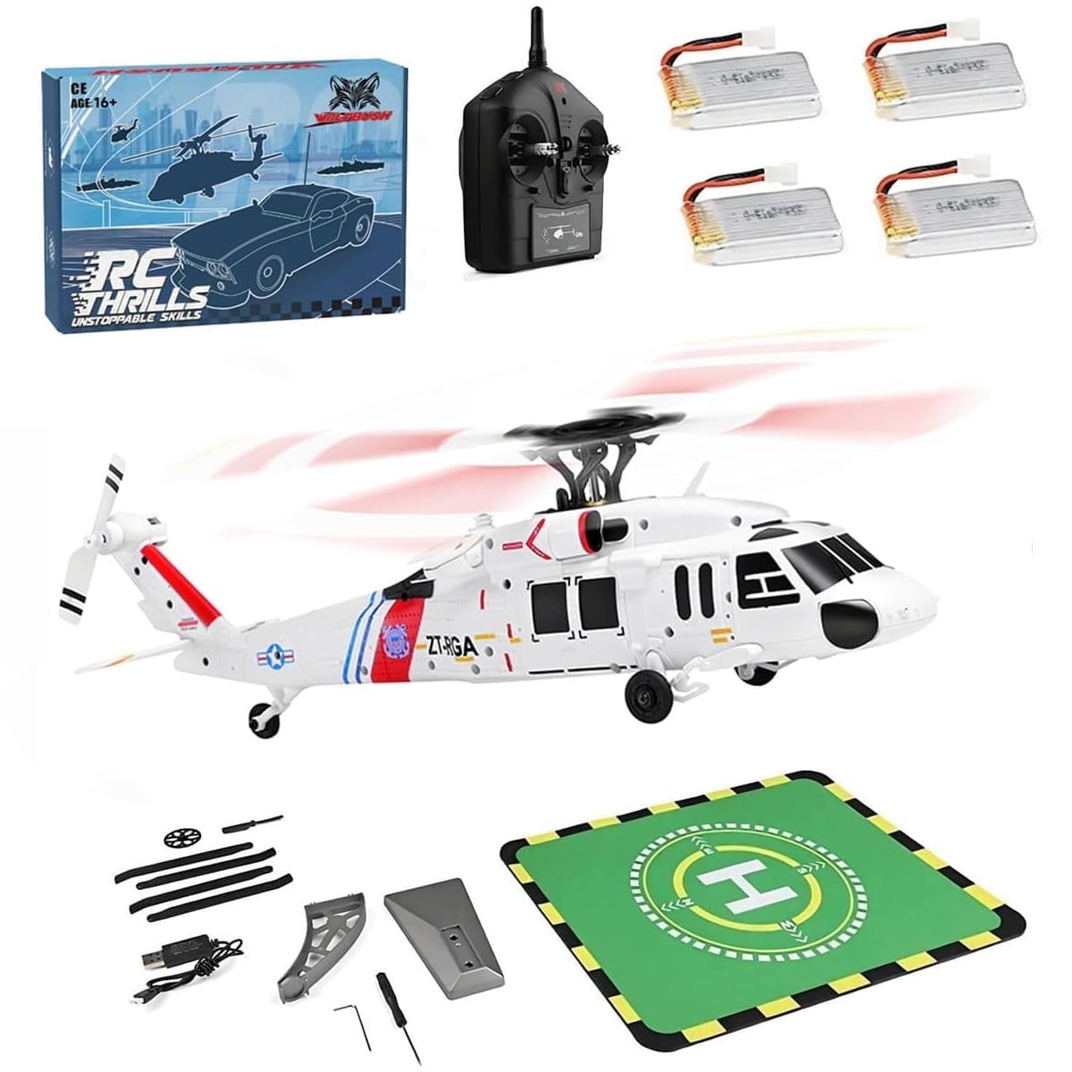 K270 UH-60L 4-Rotor Flybarless RC Helicopter with Brushless Motor & Helipad, 1/10 Scale 2.4G 4CH RC Military Helicopter with Altitude Hold & Optical Flow, RTF Helicopter Model for Teens and Adults