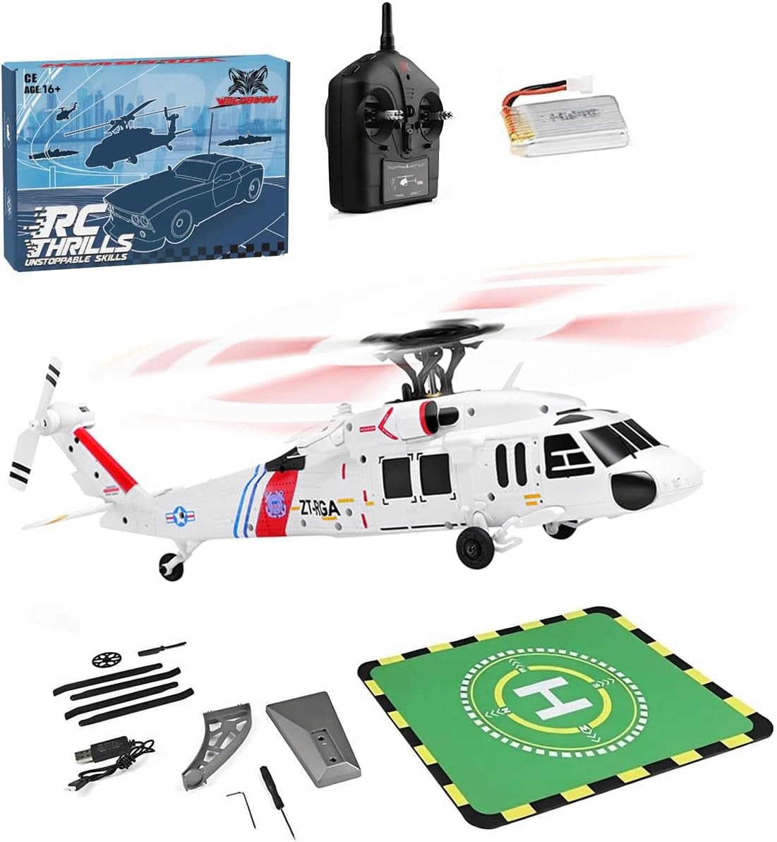 K270 UH-60L 4-Rotor Flybarless RC Helicopter with Brushless Motor & Helipad, 1/10 Scale 2.4G 4CH RC Military Helicopter with Altitude Hold & Optical Flow, RTF Helicopter Model for Teens and Adults