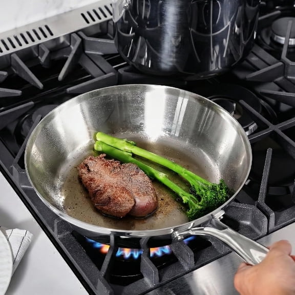 K3 Premium Stainless Steel Frying Pan with Tempered Glass Lid, Stay-Cool Handle, Dishwasher Safe, Oven-Safe Up to 600 ° F, Induction Ready, Compatible with All Cooktops (Pan and Lid, 12 Inch)