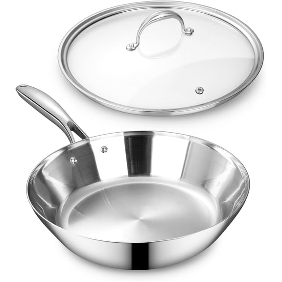 K3  Stainless Steel Frying Pan with Tempered Glass Lid, Stay-Cool Handle, Dishwasher Safe, Oven-Safe Up to 600?F, Induction , Compatible with  Cooktops (Pan and Lid, 12 Inch)