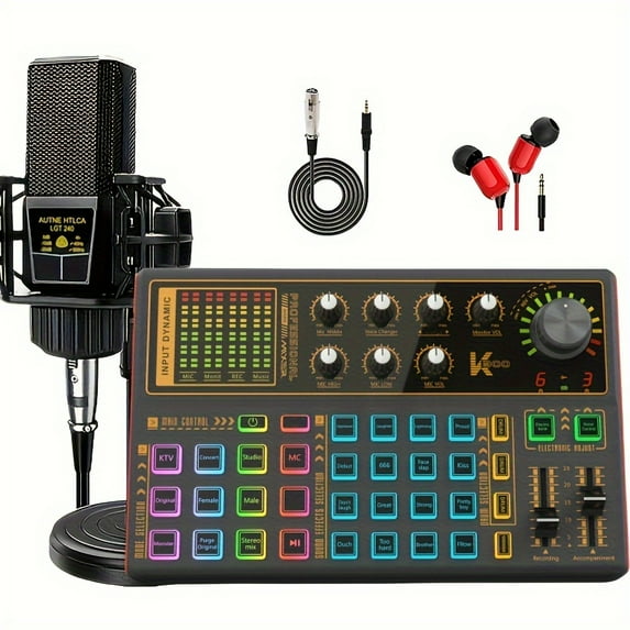K300 Sound Mixer Board, Wired Microphone, LED Light Voice Changer Sound Card with Multiple Sound Effects - Live Sound Card