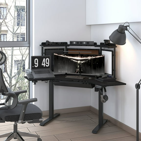 K314 Corner Electric Height Adjustable Standing Desk with Back Board and Drawer, Black