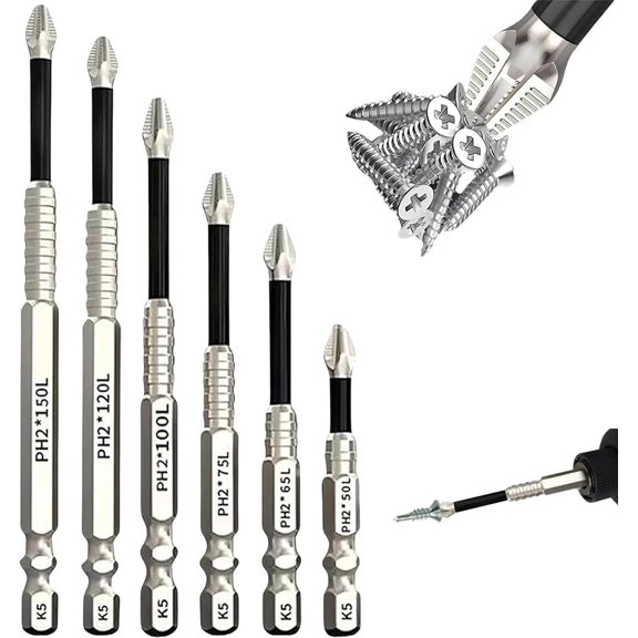 K5 Anti Slip Bit Set, K5 Impact Resistant Non Slip Bit, High Magnetic Screwdriver Drill Bit Set, Upgraded Anti-Slip Screwdriver Bits in 50, 65, 75, 100, 120 and 150 mm, 3 Sets