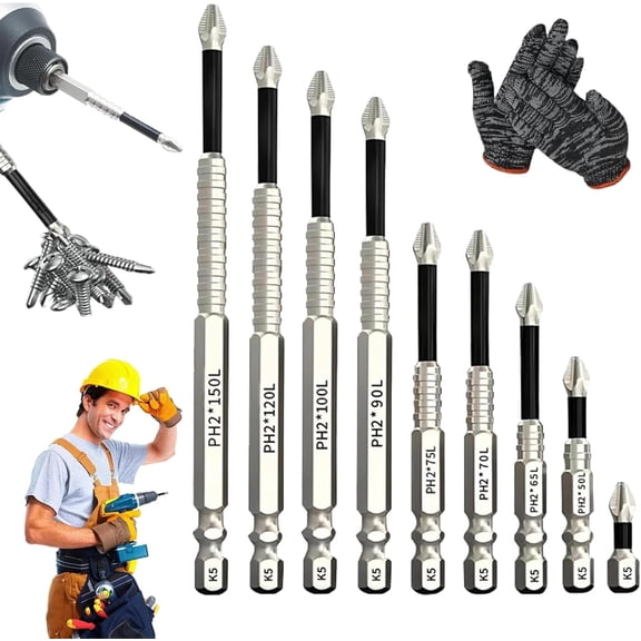 K5 Impact Resistant Non Slip Bit,9Pcs High-magnetic Screwdriver Drill Bit Set Anti Slip (25/ 50/65/70/75/90/ 100/120/ 150mm