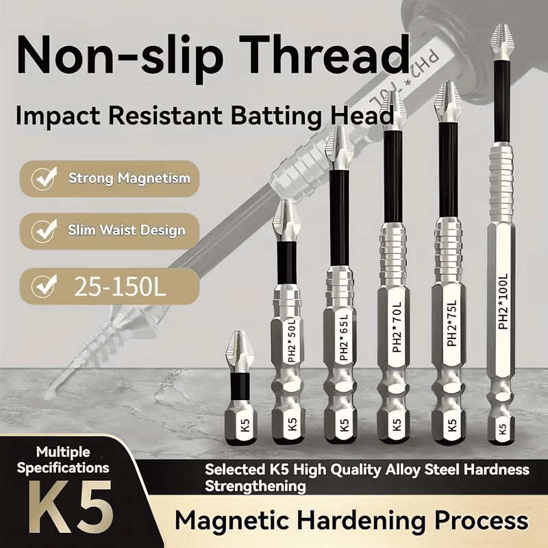 K5 Strong Magnetic Anti-Slip Phillips Screwdriver Bit Set - 6-Piece Set with Multiple Sizes (PH2) Electric Screwdriver Bits, Slim Waist Impact-Resistant Drill Bits, Home Repair & DIY Tools