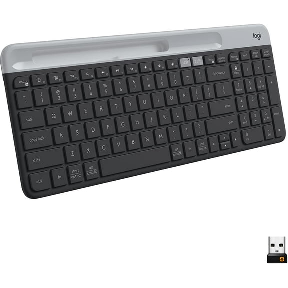 K585 Multi-Device Slim Wireless Keyboard, Built-in Cradle for Device; Laptop, Tablet, Desktop, Smartphone, Win/Mac, Bluetooth/Receiver, Compact, Easy Switch, 24 Month Battery - Graphite