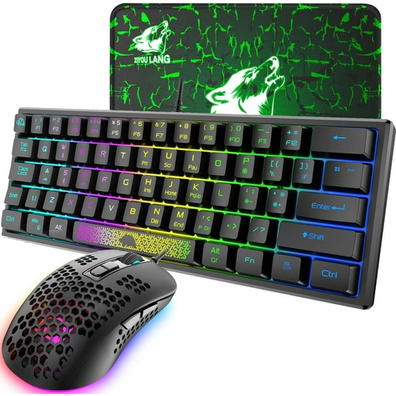 K61 UK Layout RGB 60% Gaming Keyboard Mouse Set Wired 62 Keys Mini Portable Keyboard 7 RGB LED Backlit 19 key Anti-ghosting + 2400 DPI Ultralight Gaming Mouse Ergonomic Honeycomb Shell +Mouse Pad