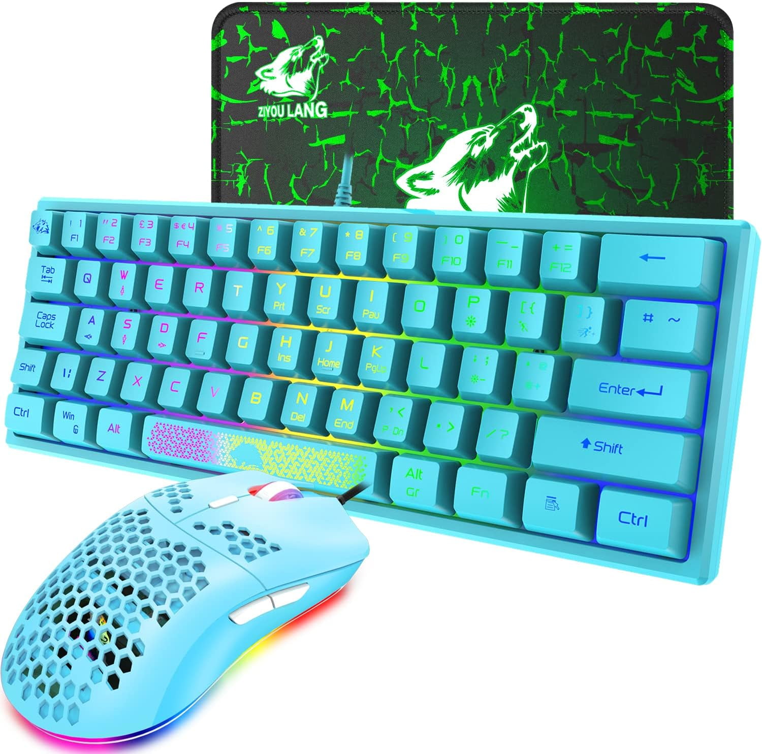 K61 UK Layout RGB 60% Gaming Keyboard Mouse Set Wired 62 Keys Mini Portable Keyboard 7 RGB LED Backlit 19 key Anti-ghosting + 6400 DPI Ultralight Gaming Mouse Honeycomb Shell +Mouse Pad -Blue