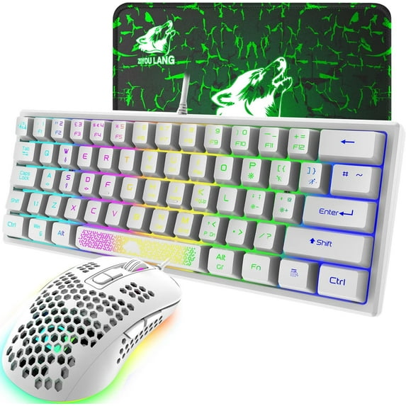 K61 UK Layout RGB 60% Gaming Keyboard Mouse Set Wired 62 Keys Mini Portable Keyboard 7 RGB LED Backlit 19 key Anti-ghosting + 2400 DPI Ultralight Gaming Mouse Honeycomb Shell +Mouse Pad -White