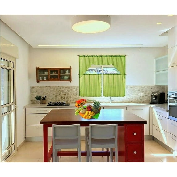 (K66)3 PIECE VOILE ROD POCKET WINDOW KITCHEN SHEER CURTAIN SET 2 TIER PANELS & 1 SWAG VALANCE ,VARIOUS SOLID COLORS (LIME)