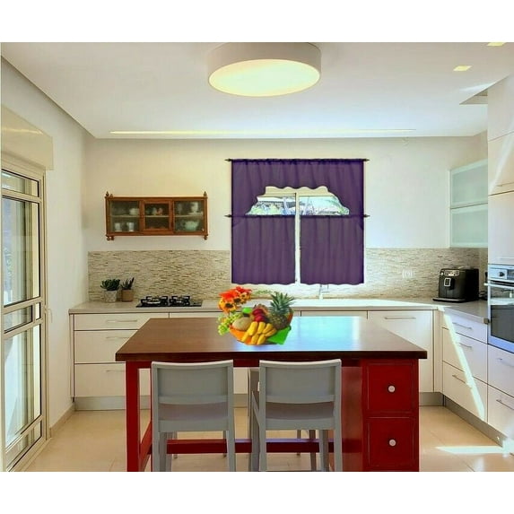 (K66)3 PIECE VOILE ROD POCKET WINDOW KITCHEN SHEER CURTAIN SET 2 TIER PANELS & 1 SWAG VALANCE ,VARIOUS SOLID COLORS (PLUM)