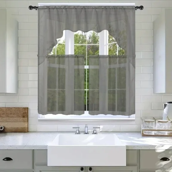 Gorgeous Home Linen 3-Piece Sheer Organza Kitchen Curtain Set with Swag Valance, Gray