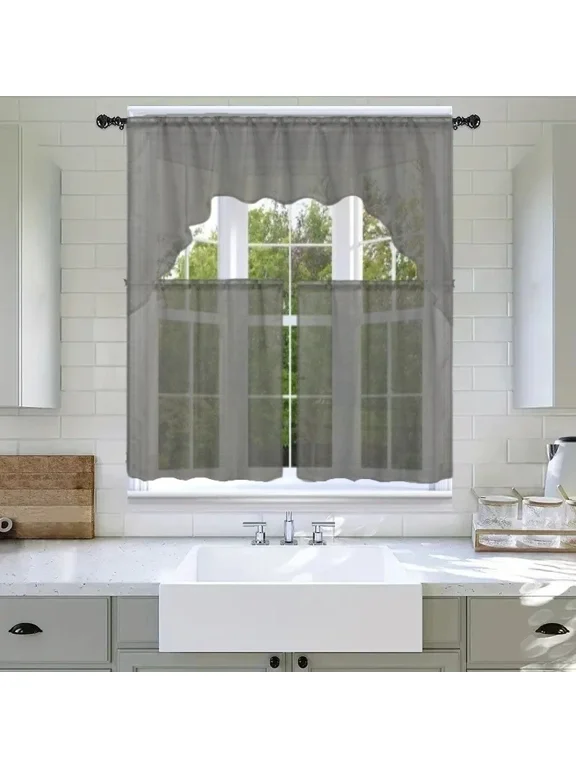 3-Piece Sheer Organza Kitchen Curtain Set with Swag Valance, Gray