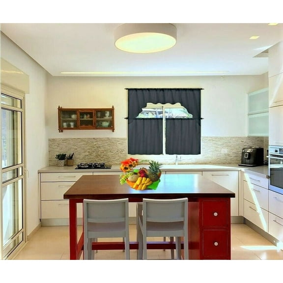 K66 Charcoal Color Sheer Voile Rod Pocket Window Kitchen Curtain set of 3 pieces 2 Tier panels and Matching Swag Valance for Kitchen Bathroom Décor