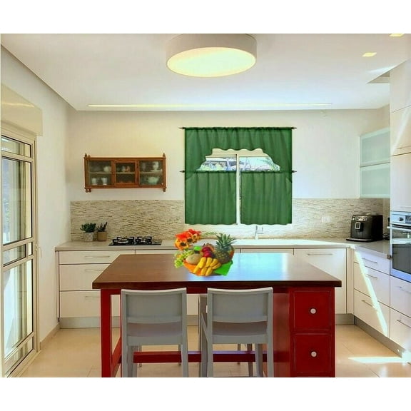 Window Treatment Kitchen Curtain 3 pieces Hunter Dark Green Color Luxury Sheer Voile Rod Pocket Light filtering 2 Tier panels and Matching Swag Valance for Kitchen Bathroom Décor k66