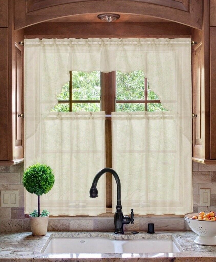 K66 IVORY 3-PC Luxurious Sheer Organza Kitchen Rod Pocket Window Curtain Treatment Set, Beautiful Solid Tier Panels with Matching Valance Swag