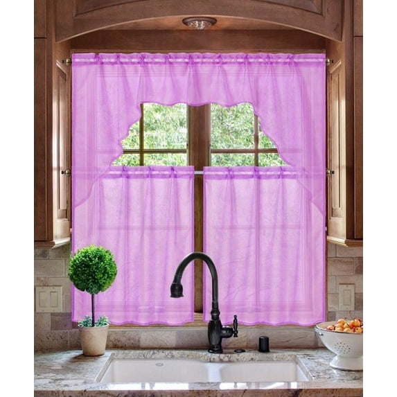 K66 PLUM 3-PC Luxurious Sheer Organza Kitchen Rod Pocket Window Curtain Treatment Set, Beautiful Solid Tier Panels with Matching Swag Valance