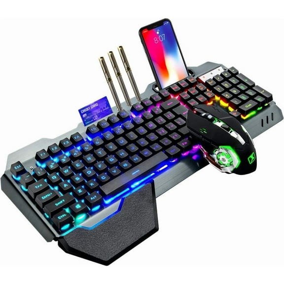 K680 Wireless Gaming Keyboard and Mouse Combo,Rainbow LED Backlit Keyboard with Rechargeable 3800mAh Battery Metal Panel