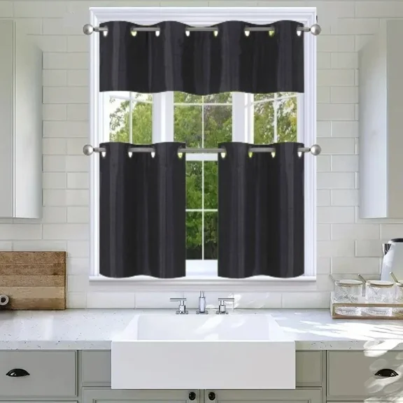 Gorgeous Home Linen 3-Piece Solid Blackout Grommet Kitchen Curtain Set with Two 28x24in Tiers and One Matching 54x14in Valance Black