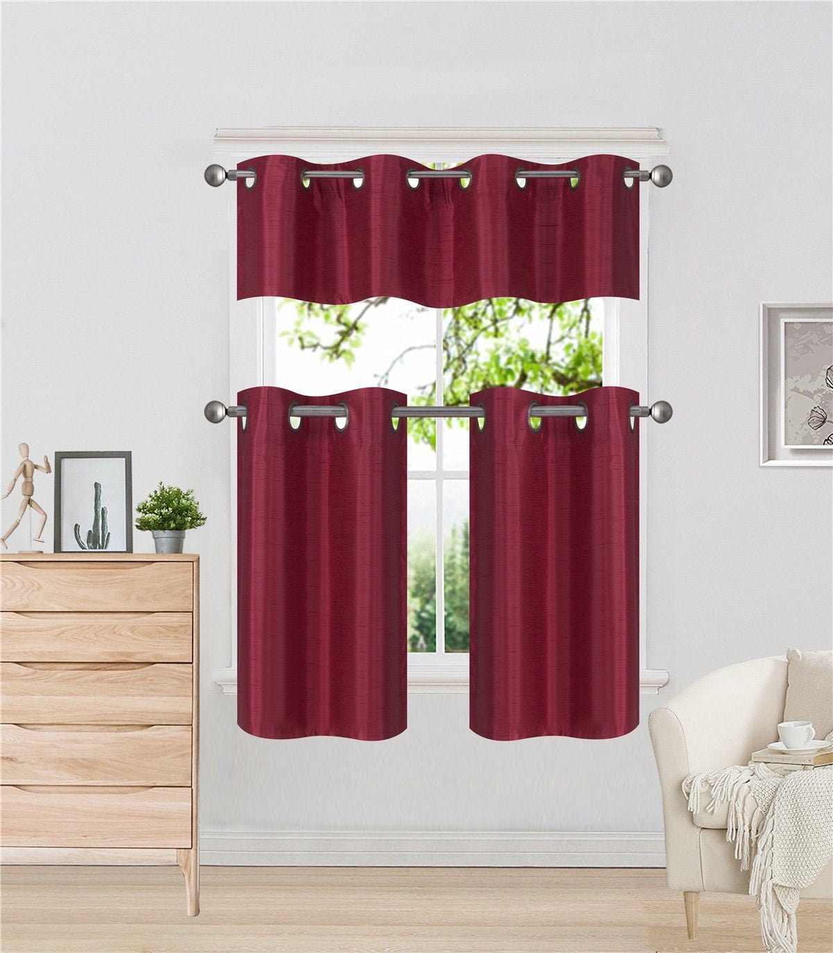 K7 Burgundy 3-Piece Solid Faux Silk Blackout Grommet Kitchen Window Curtain Set, Two (2) Lined Tiers Panel 28"W x 24"L Each and One (1) Matching Lined Valance 56"W x 14"L