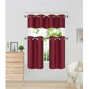 SAMIMPORT-2011 K7 Burgundy 3-Piece Solid Faux Silk Blackout Grommet Kitchen Window Curtain Set, Two (2) Lined Tiers Panel 28"W x 24"L Each and One (1) Matching Lined Valance 56"W x 14"L