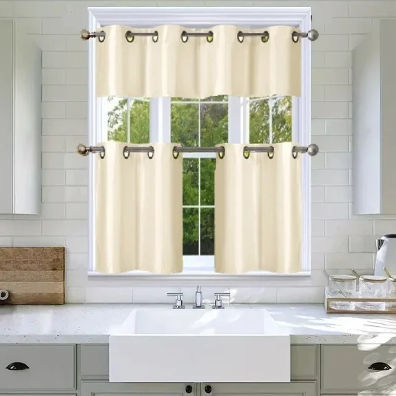 Gorgeous Home Linen 3-Piece Solid Blackout Grommet Kitchen Curtain Set with Two 28x24in Tiers and One Matching 54x14in Valance Beige Ivory
