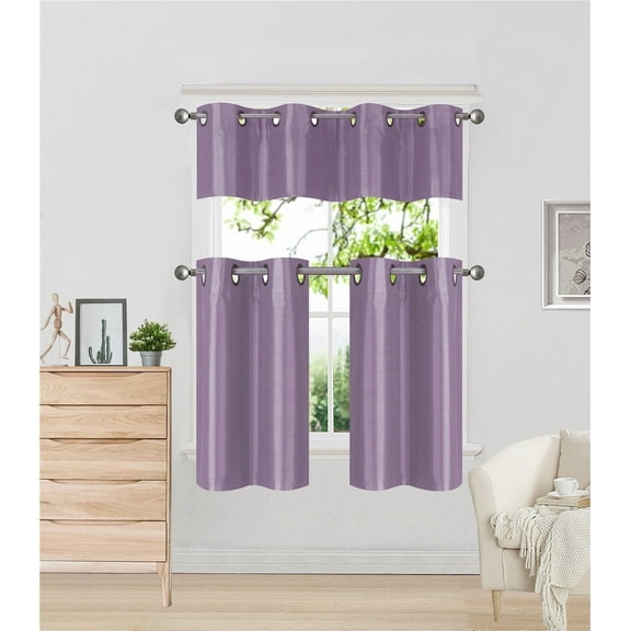 K7 Lilac 3-Piece Solid Faux Silk Blackout Grommet Kitchen Window Curtain Set, Two (2) Lined Tiers Panel 28"W x 24"L Each and One (1) Matching Lined Valance 56"W x 14"L