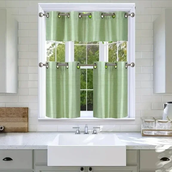 Gorgeous Home Linen 3-Piece Solid Blackout Grommet Kitchen Curtain Set with Two 28x24in Tiers and One Matching 54x14in Valance Green Sage