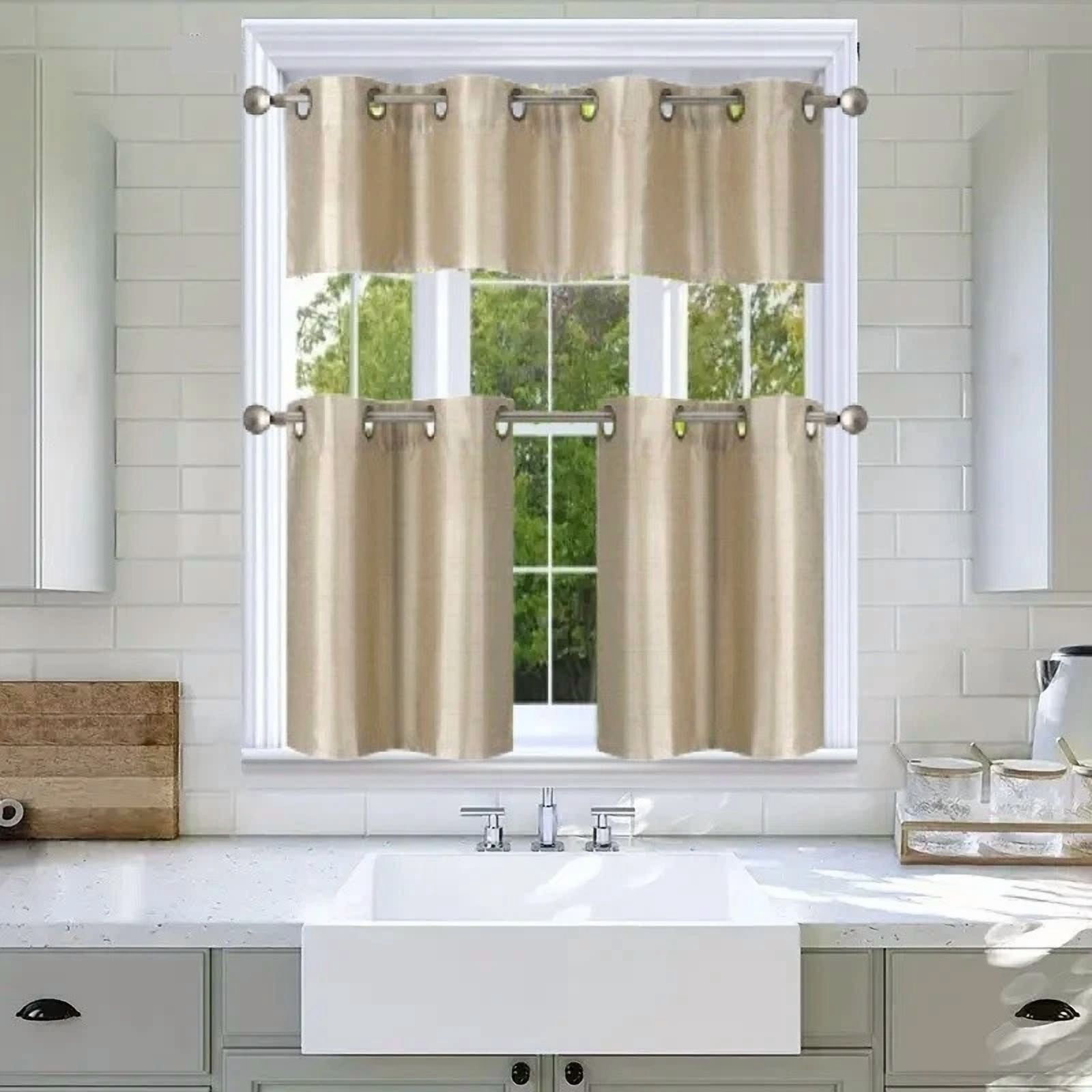 Gorgeous Home Linen 3-Piece Solid Blackout Grommet Kitchen Curtain Set with Two 28x24in Tiers and One Matching 54x14in Valance Taupe Khaki