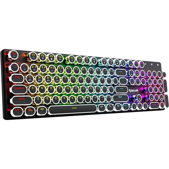 K710 Wireless Typewriter Style Mechanical Gaming Keyboard, Bluetooth/2.4Ghz/Wired, RGB Backlit, Rechargeable, Blue Switch - Clicky, Metal Panel, Round Keycaps, Black