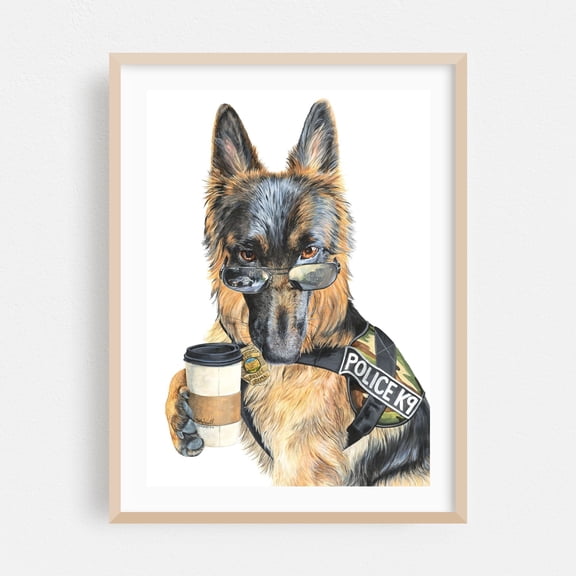 K9 Coffee - Painting Humor Dog Animal Surrealism Pop Art Oak Framed Wall Art Print 30 x 40 inches