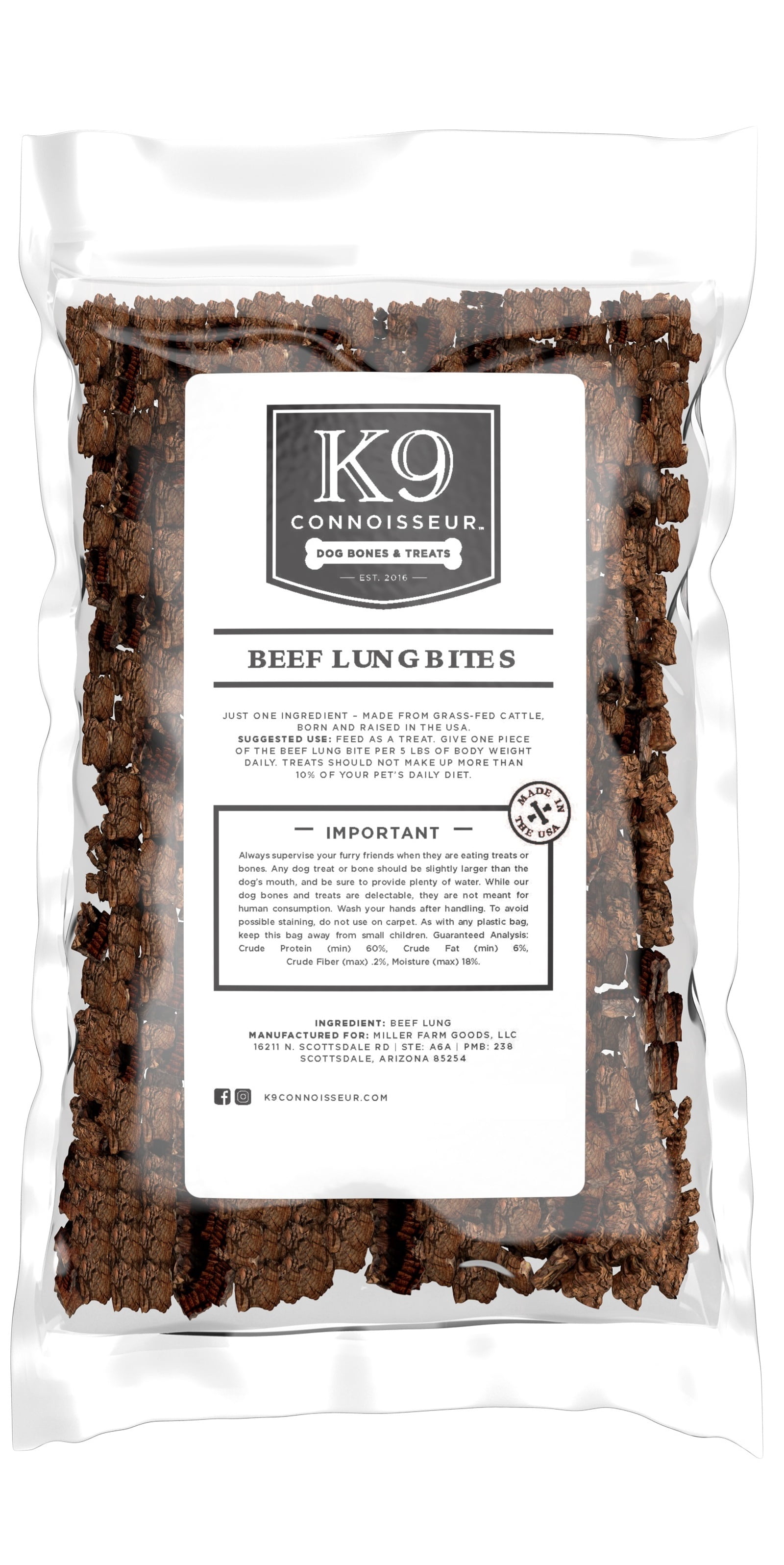 K9 Connoisseur Beef Lung Bites, Dog Treats Made in USA, Suitable