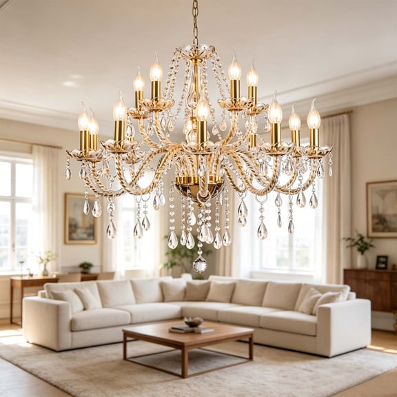 K9 Crystal Candle Style Chandelier, Pendant Ceiling Light Fixture for Dining Room, Living Room, Bedroom and Hallway (12 Bulbs) Gold
