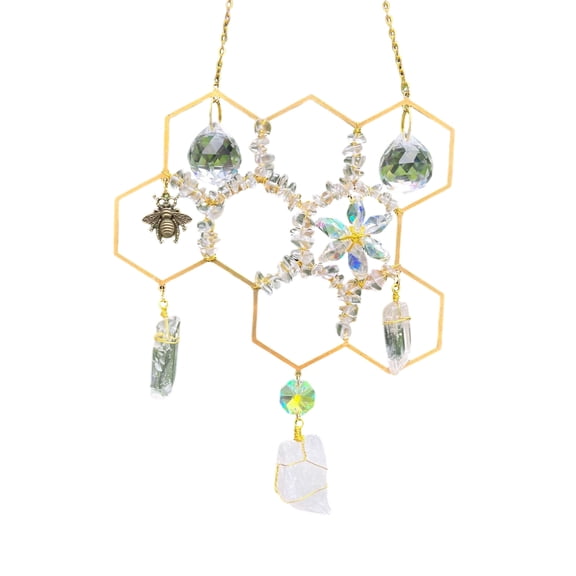 K9 Crystal Suncatcher Hanging Ornament with Hexagon Frame Natural Stone Chips Faceted Beads Wire Wrapped Pendant Decor