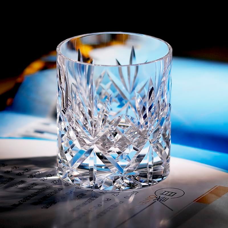 K9 Crystal Old Fashioned Glasses - Hand-Cut Flower Design Whiskey Tumbler With Walnut Coaster & Gift Box