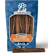 K9warehouse - Super Jumbo Bully Sticks (6") 3-Count - Natural Grass-Fed Dog Treats - Thick, Long-Lasting - Ideal for Puppies & All Breeds
