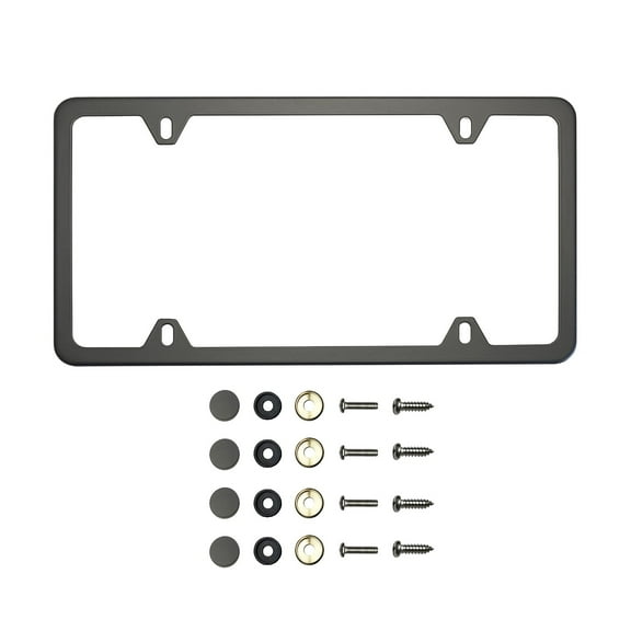 KA Depot Four Hole Slim Version Matte Flat Black License Plate Frame T304 Stainless Steel + Metal Screw Caps