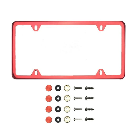 KA Depot Four Hole Slim Version Red Chrome Mirror License Plate Frame T304 Stainless Steel + Metal Screw Caps